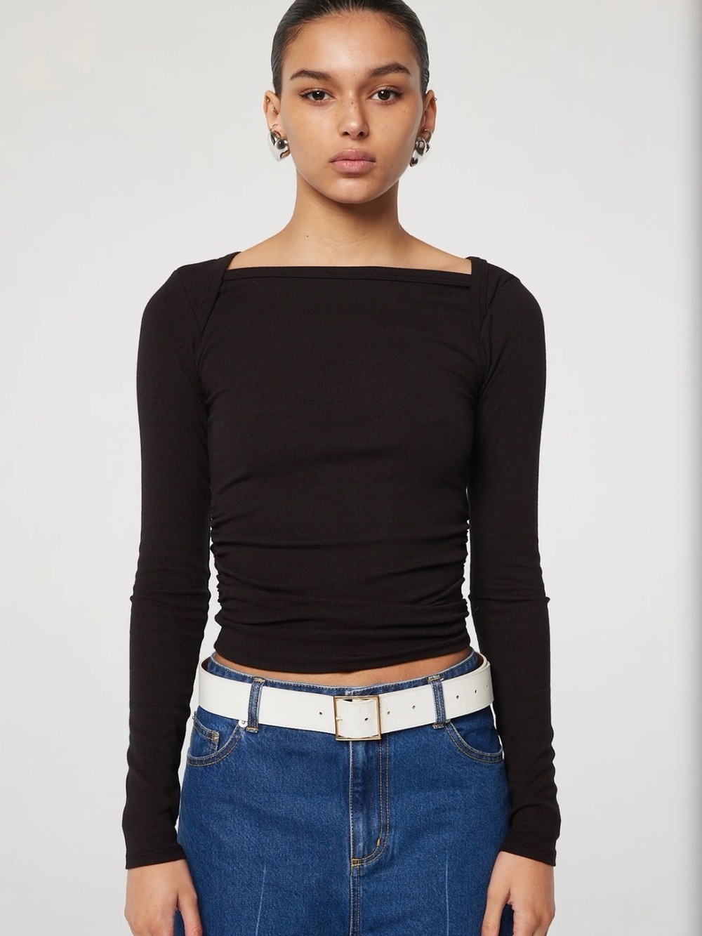 Line by K Becks Black Square-Neck Long Sleeve Top - Women